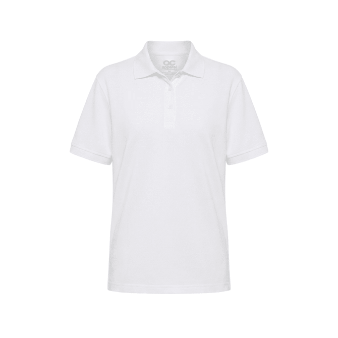 A white polo shirt with a collar and short sleeves, featuring a logo on the chest.
