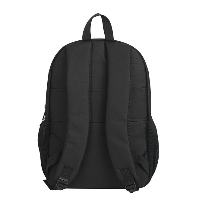 A black backpack featuring padded straps and mesh side pockets, with a simple design and no visible branding.