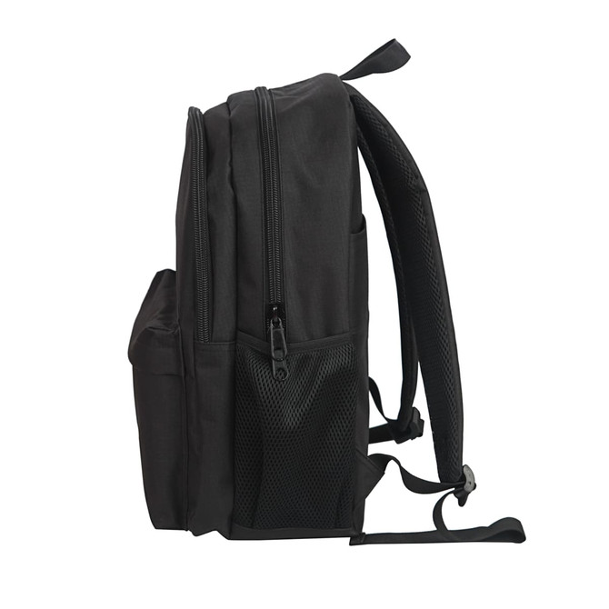 A black backpack featuring a mesh pocket, two zippers, and padded shoulder straps. It has a minimalistic design.