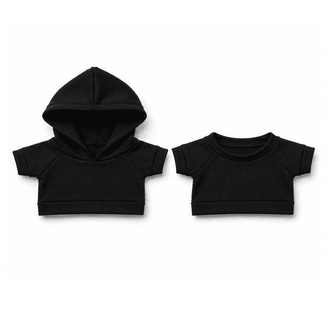 A set of two black plush toy outfits, including a hooded top and a short-sleeve top, both featuring a simple design.