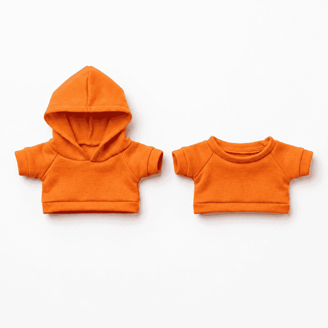 Two orange plush toy garments; one is a hoodie and the other is a short-sleeved shirt. Both are vibrant and soft.