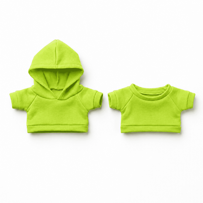 Two bright green plush toy outfits, one with a hood and the other a short-sleeve shirt.