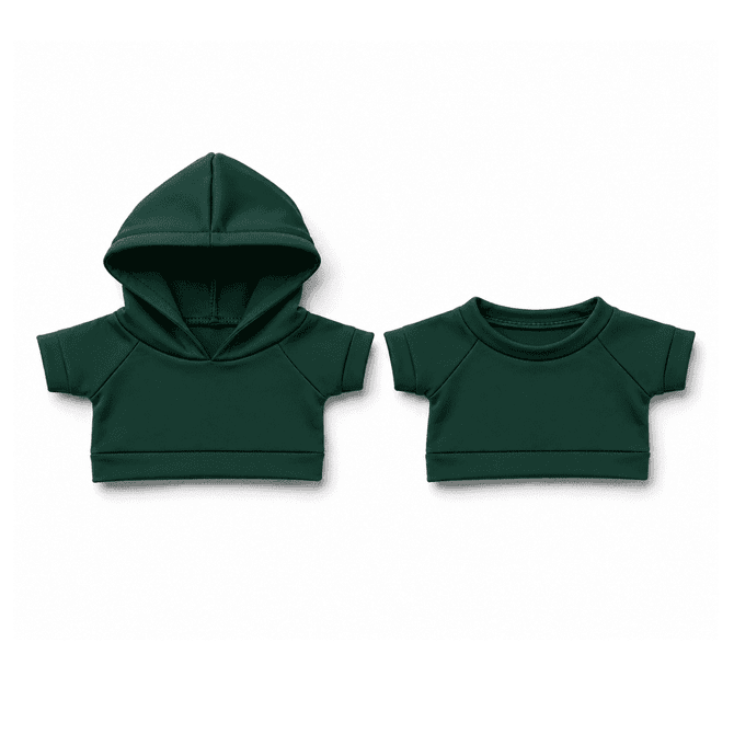 A set of green plush toy garments, including a hoodie and a short-sleeved top.