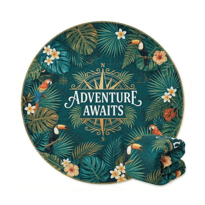 A round beach towel featuring a tropical design with green leaves, toucans, and flowers, folded beside it.