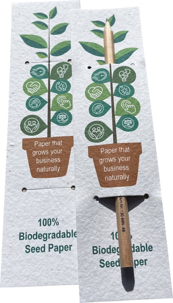 A seed paper bookmark with a pencil, featuring green plant graphics and a biodegradable design in earthy tones.