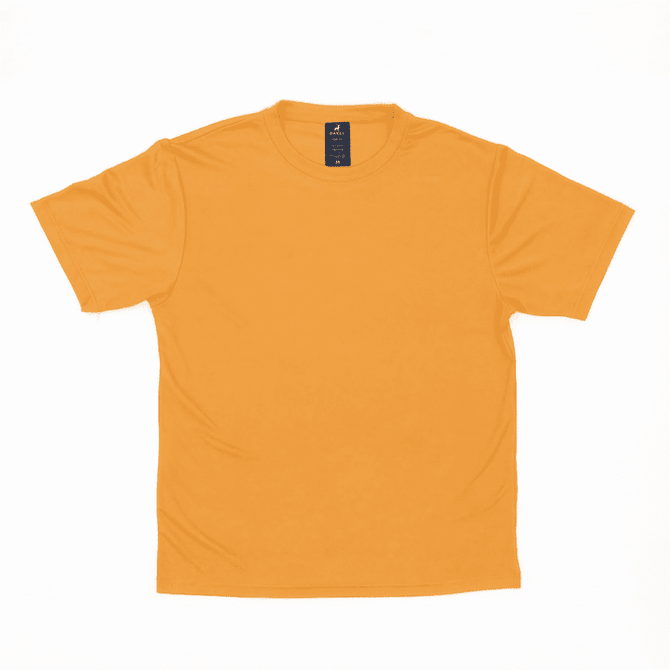 An orange T-shirt with short sleeves, featuring a logo on the neckline.