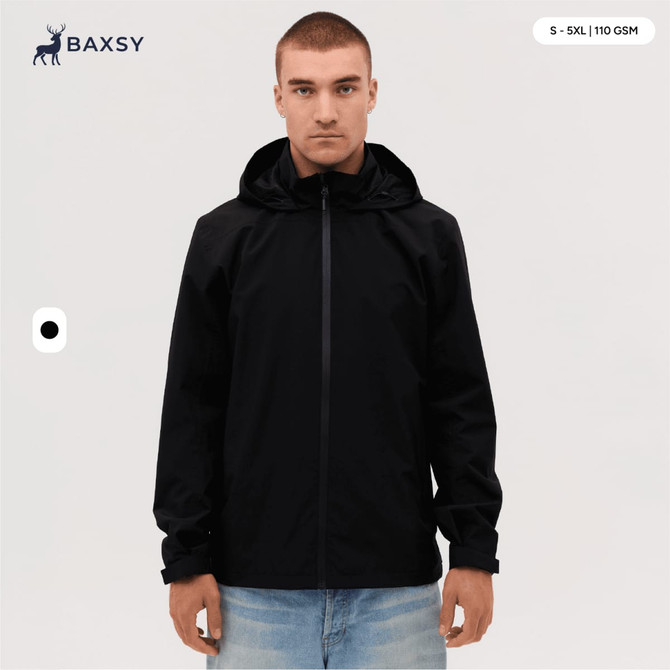 A black weather jacket with a hood, featuring a full zip, worn by a model against a plain background.