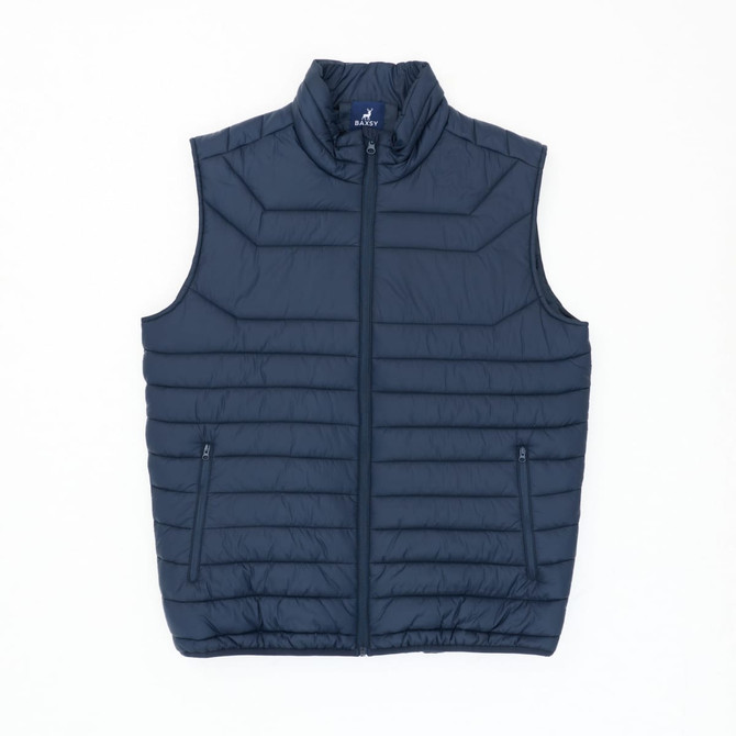 A navy blue puffer vest with a high collar, featuring a front zip and two side pockets. It has a logo at the top.