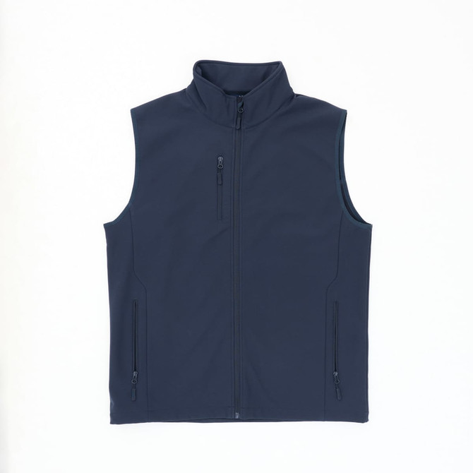 A navy blue softshell vest with a high collar and multiple zip pockets, featuring a logo.