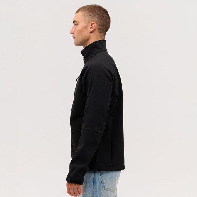 A black softshell jacket with a high collar, displayed from the side view, featuring a logo.