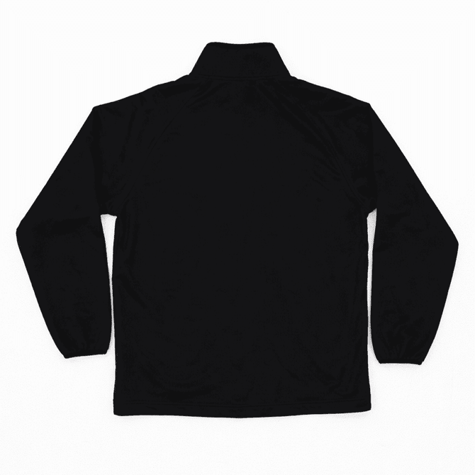 A black jacket with long sleeves and a high collar, featuring a logo on the back.