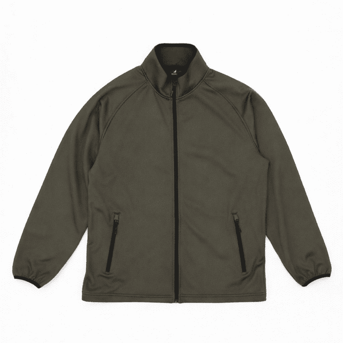 A Summit Bonded Jacket in olive green with a zip front and zippered side pockets, featuring a collar and elastic cuffs.