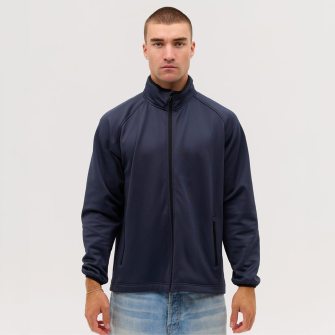 A navy bonded jacket with a front zip and a high collar, featuring side pockets and a subtle logo.