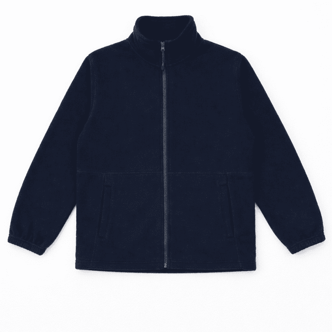 A navy blue full zip polar fleece jacket with a high collar and front pockets, featuring a logo.