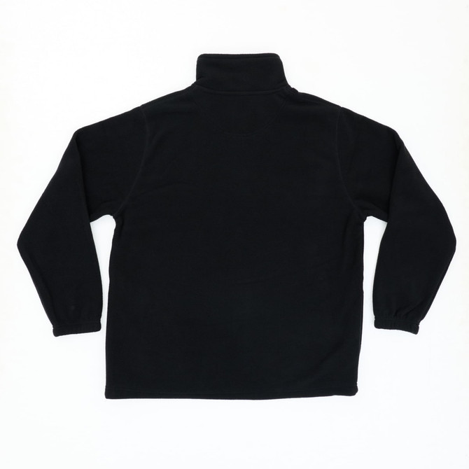 A black polar fleece 1/4 zip jumper with long sleeves and a high collar, featuring a branding logo.