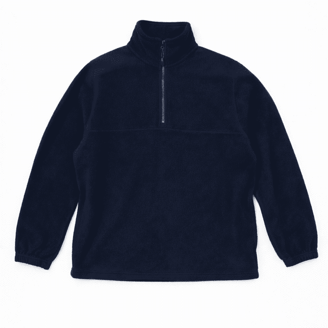 A navy blue Everest Polar Fleece 1/4 zip jacket with a high collar and long sleeves. It features a zipper at the neck and has a logo.