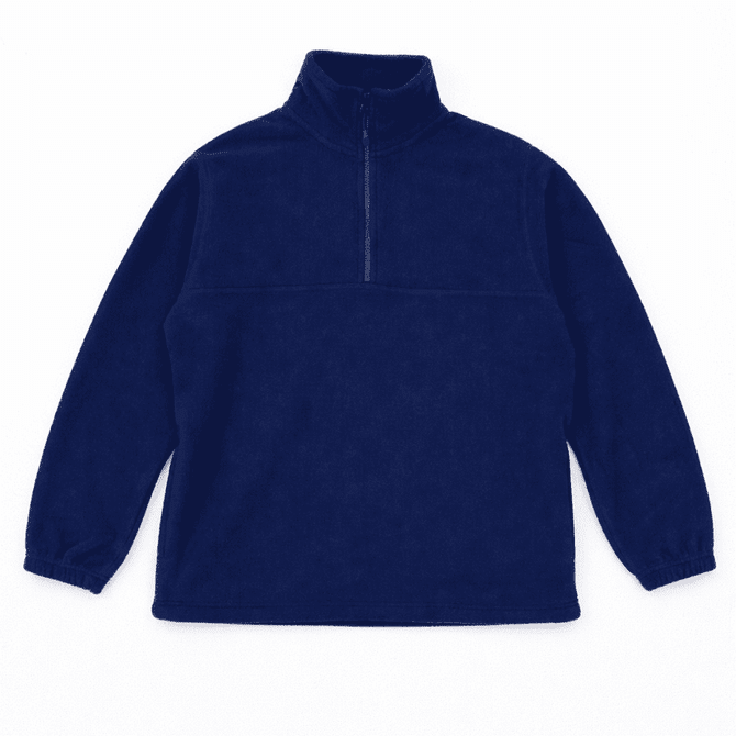 A navy blue fleece pullover with a quarter zip and long sleeves, featuring a branding logo.