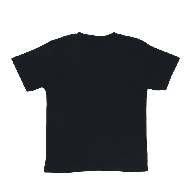 A black t-shirt featuring a plain back design and a logo on the label.