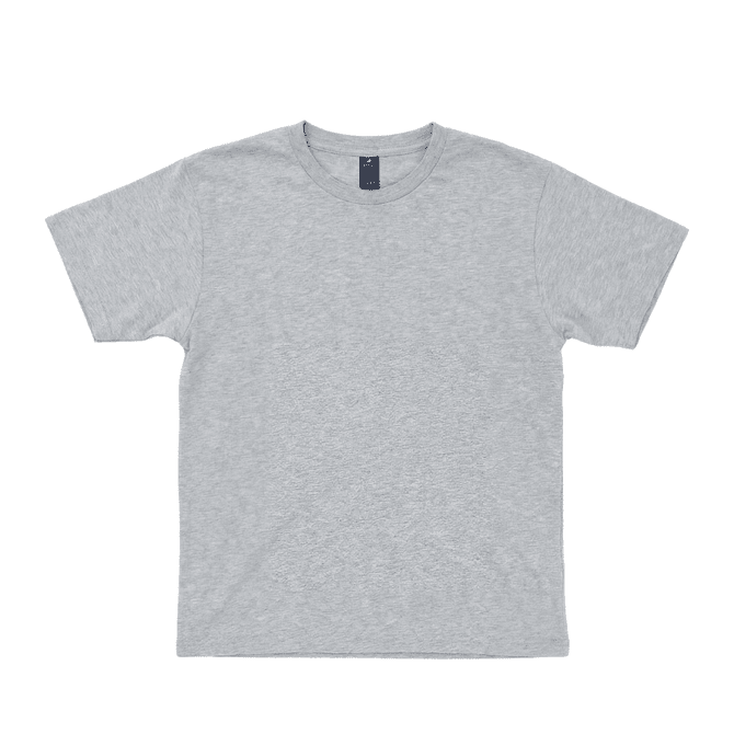 A grey T-shirt featuring a simple design and a tag with a logo.