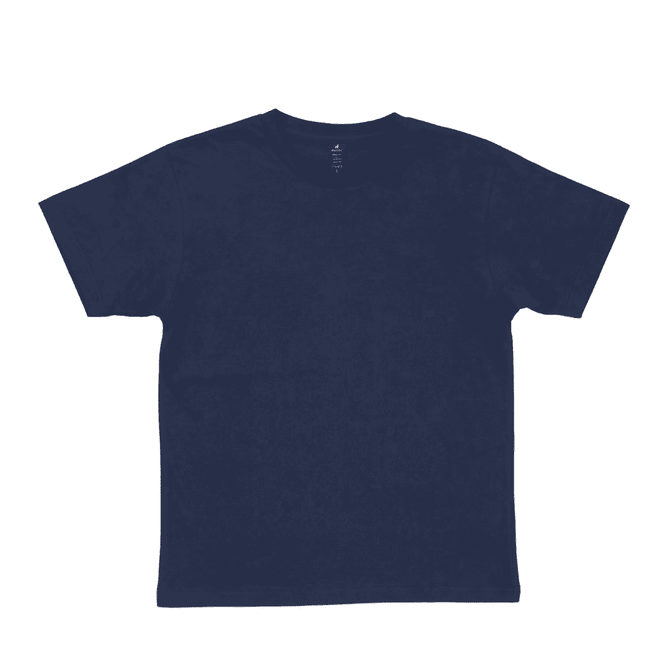 A navy blue T-shirt with short sleeves and a crew neckline. It features a logo on the inside tag.