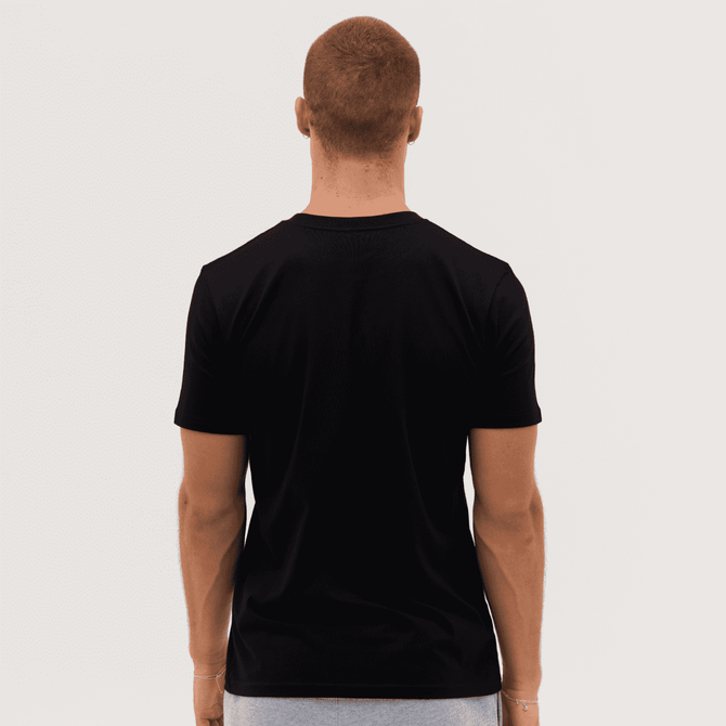 A black classic tee featuring short sleeves and a simple design, viewed from the back.