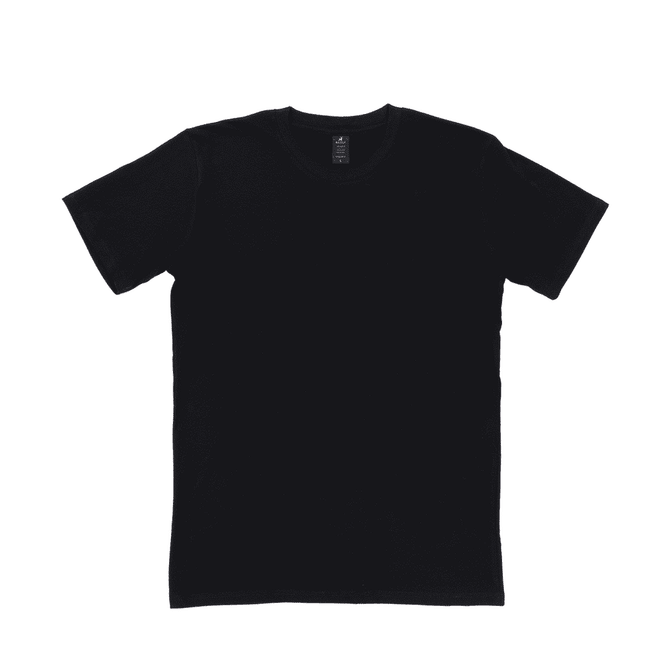 A black T-shirt without any designs, featuring a round neckline and short sleeves. It has a branding label inside.