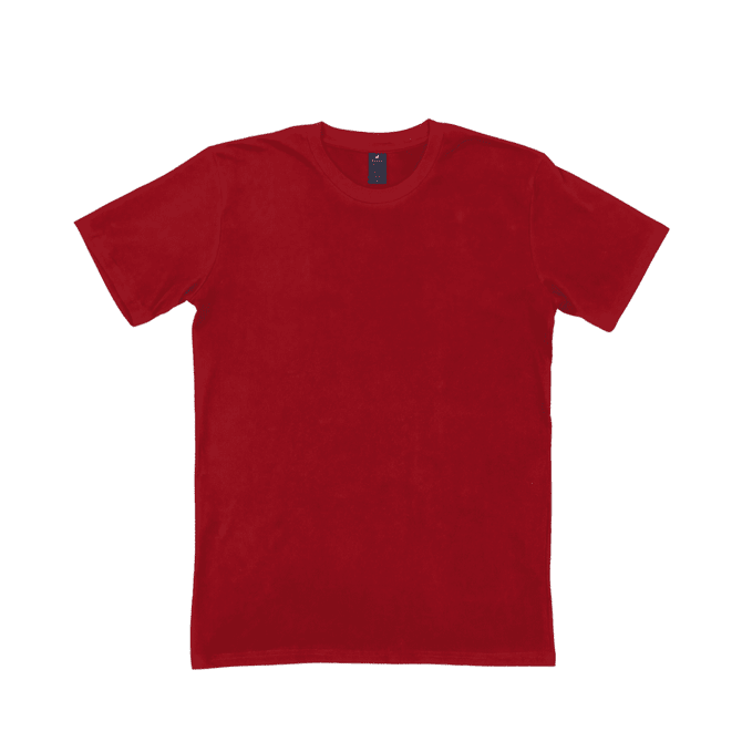 A red t-shirt with a soft texture and a label on the neckline. The shirt has short sleeves and a classic fit.