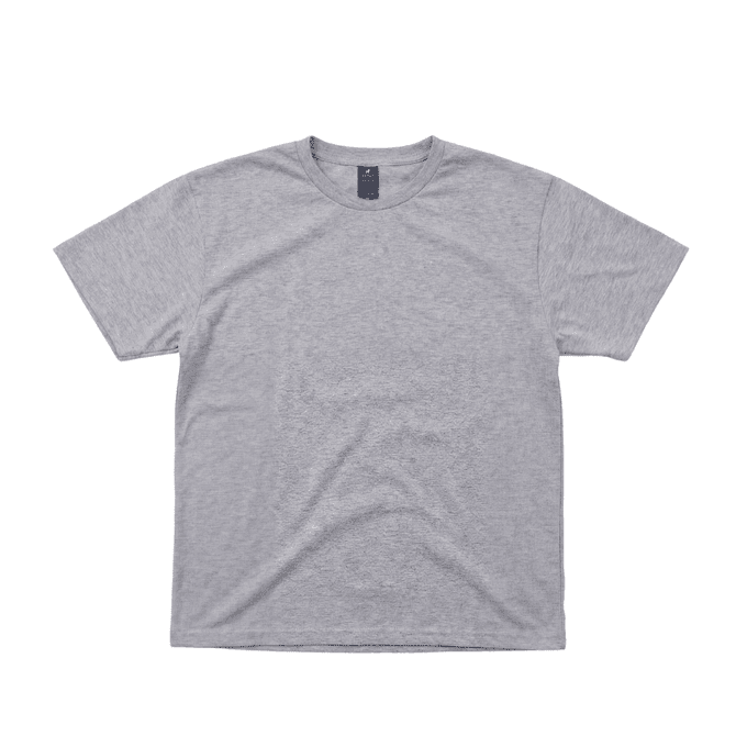 A grey short-sleeve T-shirt with a crew neckline and a branded label at the collar.