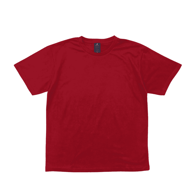 A red t-shirt with short sleeves and a classic crew neckline, featuring a label inside.