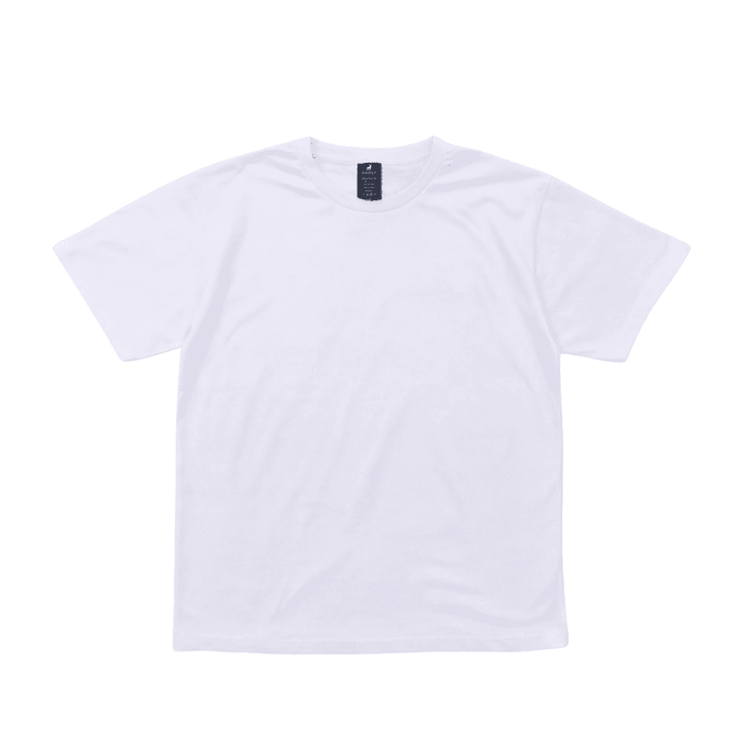 A white t-shirt with a crew neck and short sleeves, featuring a brand logo on the tag.