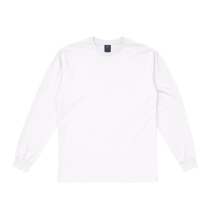 A white long sleeve tee featuring a round neckline and fitted cuffs. It includes a logo on the neck label.
