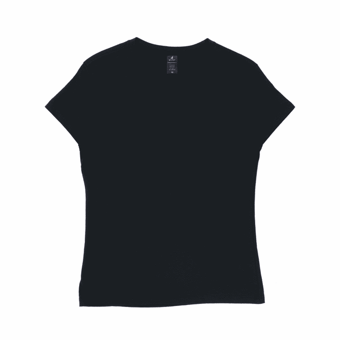 A black women's tee with a relaxed fit and a brand logo at the neckline.