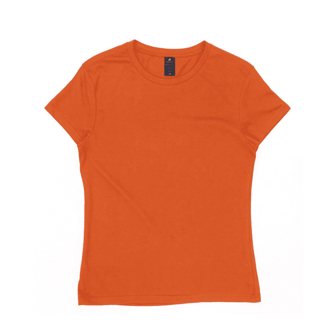 An orange women's surf tee with a round neckline and short sleeves, featuring a logo at the neck.
