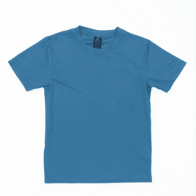 A blue Youth Core Tee with a round neckline and short sleeves, featuring a label inside.