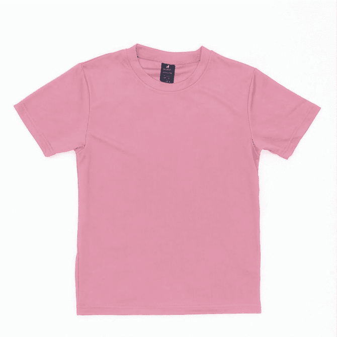 A pink youth core tee featuring a round neck and short sleeves, complete with a brand logo on the label.