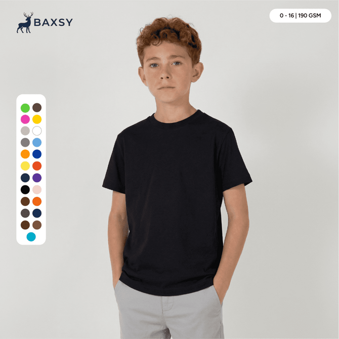 A plain black youth tee displayed on a model, surrounded by a colour palette of various options.