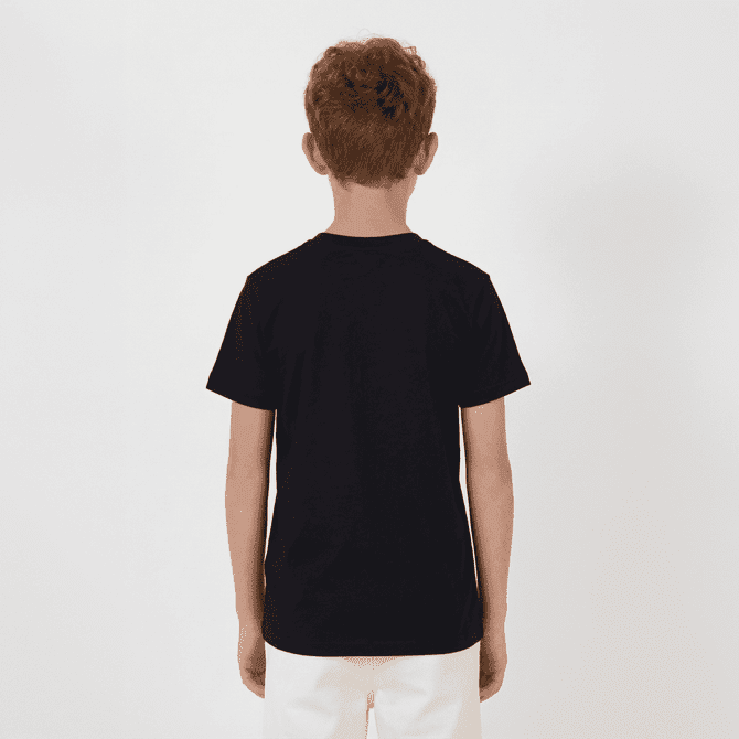 A black youth tee viewed from the back, featuring a simple design and short sleeves.