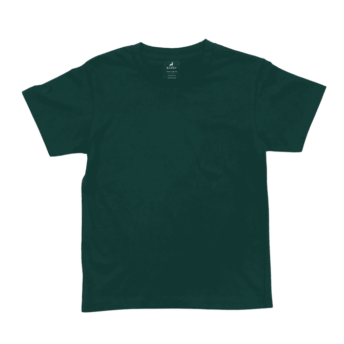 A green youth essential tee with a classic crew neck and short sleeves. It features a logo on the inside label.