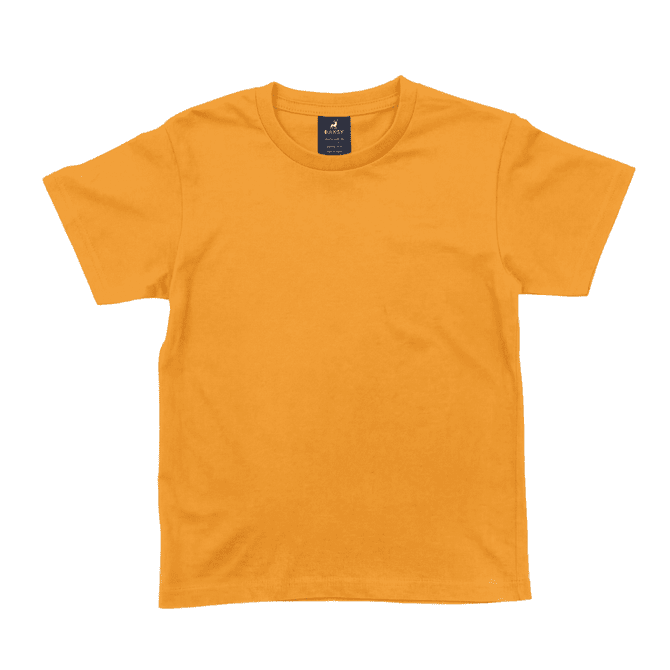 An orange youth T-shirt with a round neck and short sleeves, featuring a brand logo on the label.