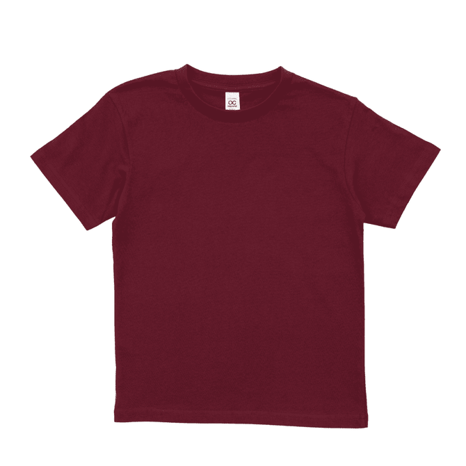 A burgundy youth essential tee featuring a simple, classic design. It has a logo tag on the neckline.