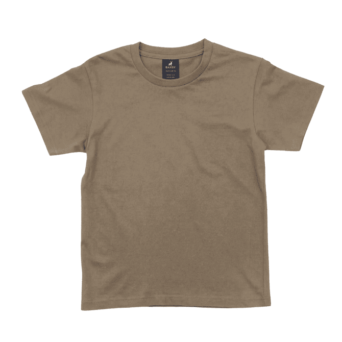 A plain brown T-shirt with a round neckline and short sleeves, featuring a label in the neck area.
