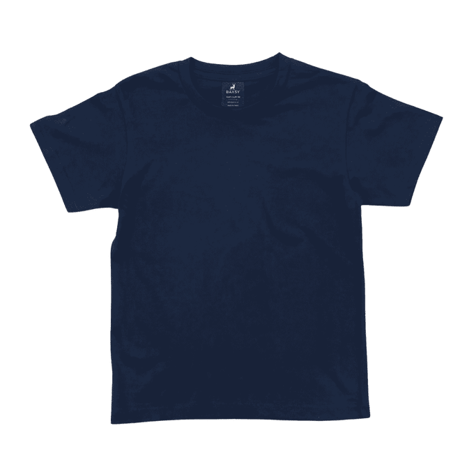A navy blue essential tee with a classic t-shirt design and a logo on the label.