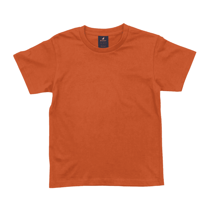 An orange youth t-shirt with a crew neck and short sleeves, featuring a logo on the neckline.