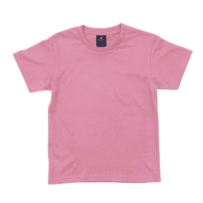 A pink youth surf essential tee with a simple design and a label inside the neckline.