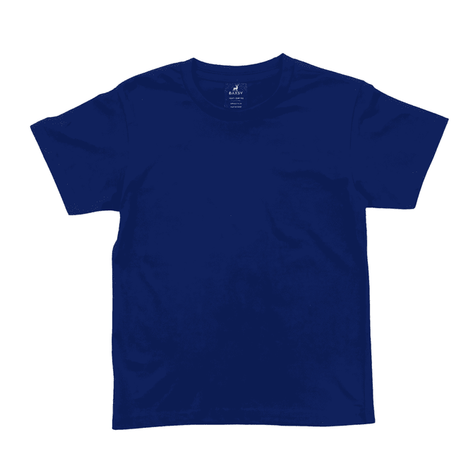 A navy blue youth t-shirt with a round neckline and short sleeves. It features a branding label inside the collar.