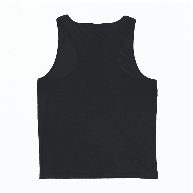 A black singlet with a sleeveless design and a plain back, featuring a logo.