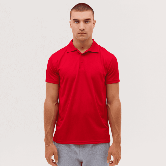 A red polo shirt with a collar displayed on a model against a plain background. The shirt has a logo on it.
