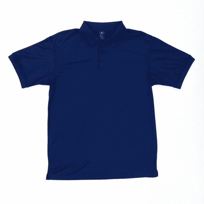 A navy blue polo shirt with a collar and three buttons, featuring a logo.