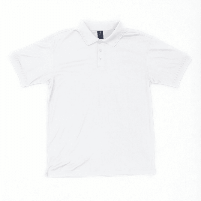 A white polo shirt with short sleeves and a collar, featuring a logo on the front.