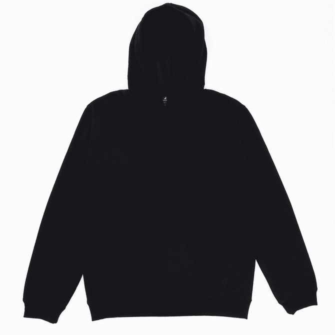 A black hooded sweatshirt featuring a front pocket and a drawstring hood. It has a logo on the front.